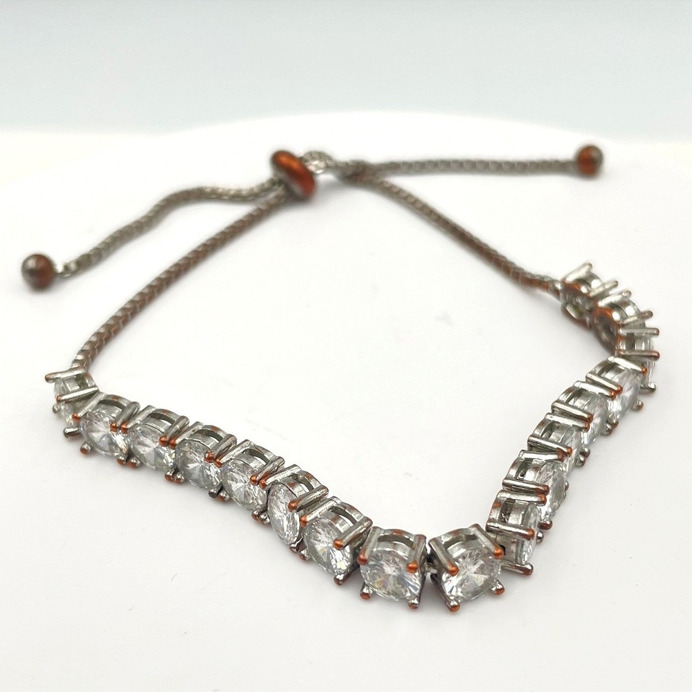 Vintage Silver Tone Clear Rhinestone Tennis Bracelet Bolo Slider Chain Retro 90s